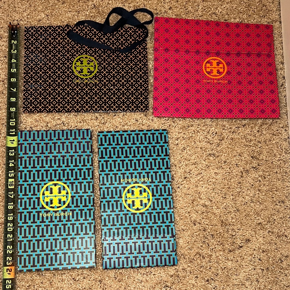 Tory Burch Geometric Shopping Bags in Black, Red, and Blue